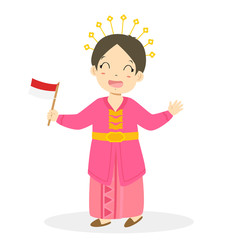 Girl wearing Riau traditional dress and holding Indonesian flag. Indonesian children, Riau traditional dress cartoon vector