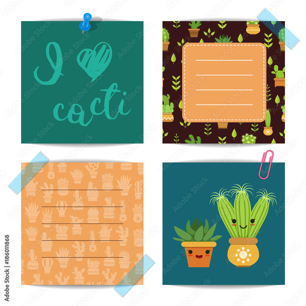 Poster vector notes set with lettering and cacti elements