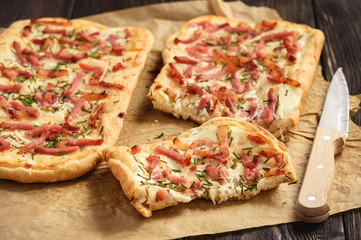 Tarte flambee, traditional alsatian pizza.