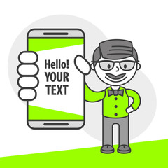 Simple flat stylistics adaptation to corporate style. Icon message man employee manager gentleman shows mobile phone message positive