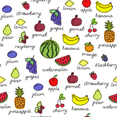 Fruit doodles seamless vector pattern. Texture for wallpaper, fills, web page background.