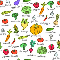 Vector pattern of seamless background with vegetables. Texture for wallpaper, fills, web page background.