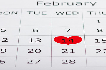 Calendar holiday February 14th Valentine's day is highlighted in red