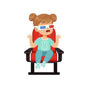 Cute crying little girl in 3d glasses sitting on a red chair and watching 3D movie in the cinema vector Illustration