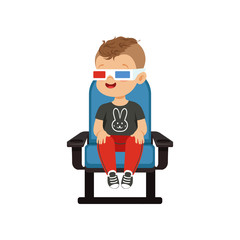Smiling little boy in 3d glasses sitting on a blue chair and watching 3D movie in the cinema vector Illustration