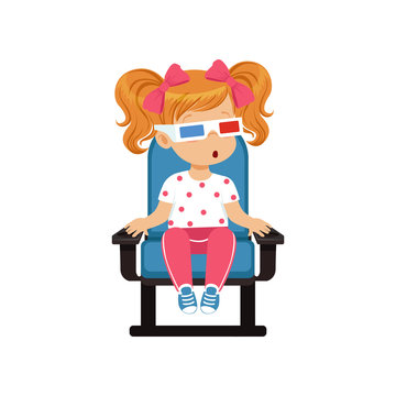 Sweet little girl in 3d glasses sitting on a blue chair and watching 3D movie in the cinema vector Illustration