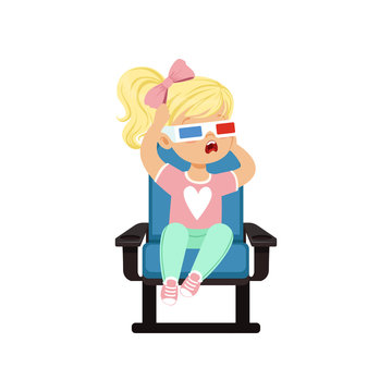 Frightened blonde little girl in 3d glasses sitting on a blue chair and watching 3D movie in the cinema vector Illustration