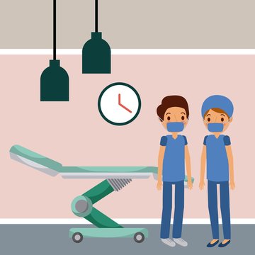 doctors in hospital room wheel bed clock lamps vector illustration