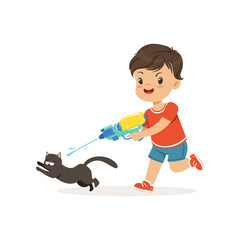 Cute bully boy pouring a black cat out of a water gun, hoodlum cheerful little kid, bad child behavior vector Illustration