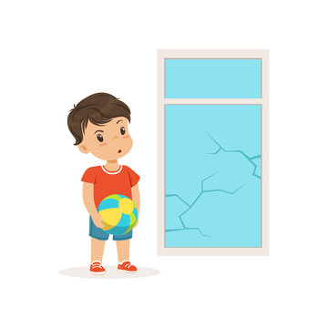 Cute Little Bully Boy Crashed The Window With Ball, Hoodlum Cheerful Little Kid, Bad Child Behavior Vector Illustration