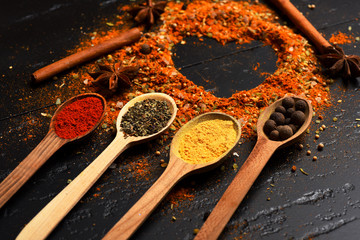 Wood spoons with paprika, turmeric, herbs and pepper