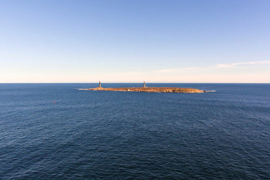 Aerial view of Thacher Island Lighthouse on Thacher Island, Cape Ann, Massachusetts, USA. Thacher Island Lighthouses was built in 1771.