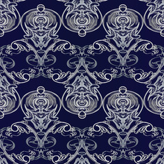 Baroque vector seamless pattern. Damask dark blue floral background wallpaper illustration with vintage white line art tracery flowers, scroll leaves, antique ornaments in Victorian style.