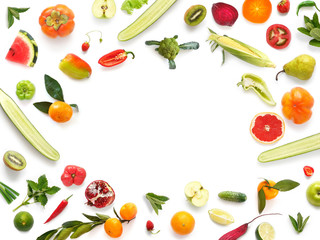 Various vegetables and fruits isolated on white background, top view, flat layout. Concept of healthy eating, food background. Frame of vegetables with space for text.