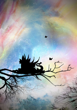 Baby Dragon cartoon character in the real world silhouette art photo manipulation