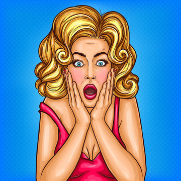 Vector pop art pin up shocked, surprised girl with opened mouth. Adult middlge age blonde housewife woman touching face with amazed face. Illustration for sale, discount, promo, advertising poster