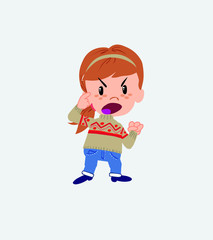 White girl with sweater screams angry in aggressive attitude.