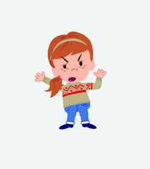 White girl with sweater argues something with a gesture of discontent.