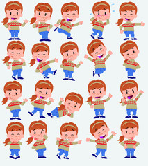 Cartoon character girl with sweater. Set with different postures, attitudes and poses, always in positive attitude, doing different activities in vector vector illustrations.