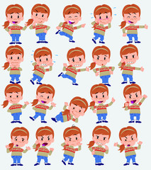 Cartoon character white girl with sweater. Set with different postures, attitudes and poses, doing different activities in isolated vector illustrations.