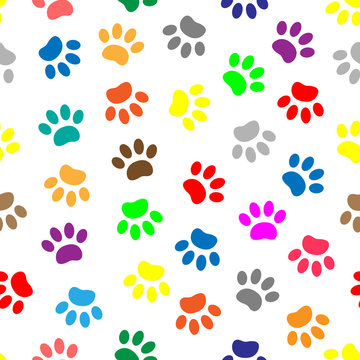 Colorful cute paw prints of animals pets on white background seamless pattern flat vector design