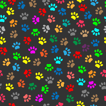 Colorful animal dog cat paw prints seamless pattern