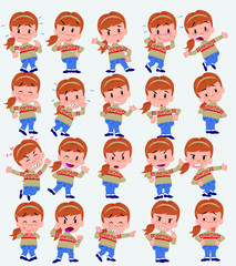 Fototapeta premium Cartoon character white girl with sweater. Set with different postures, attitudes and poses, doing different activities in isolated vector illustrations.