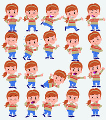Cartoon character white girl with sweater. Set with different postures, attitudes and poses, doing different activities in isolated vector illustrations.