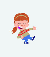 White girl with sweater laughing while teaching something to his left. 