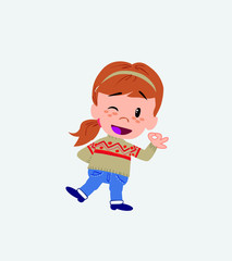 White girl with sweater doing the OK sign with his hand.