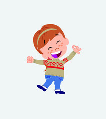 White girl with sweater exulting in happiness