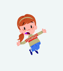 White girl with sweater jumping terrified.