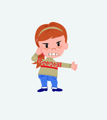 White girl with sweater, is angry and points his head with his index finger.