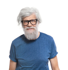 Mature man with grey hair on white background