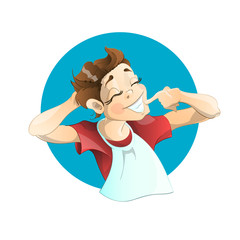 Cute confused boy laughs at the situation