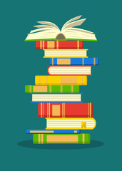 Obraz premium Stack of colorful books with open book on teal background. Education vector illustration.