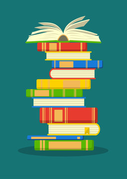 Stack Of Colorful Books With Open Book On Teal Background. Education Vector Illustration.