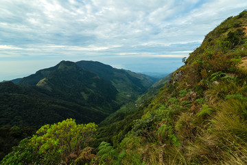 Mountains Landscape. Hills skyline Worlds End in Horton Plains National Park Sri Lanka.