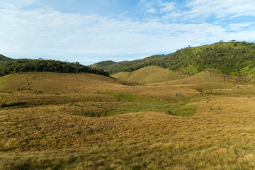 Fototapeta na wymiar Green meadows and mountains landscape Horton Plains National Park Sri Lanka.