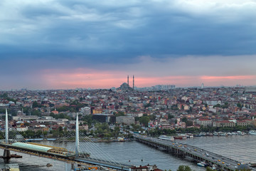 Fototapeta na wymiar Cityscape of the Old Town, Panoramic view of Golden Horn from Galata tower, Attractions Istanbul, Turkey