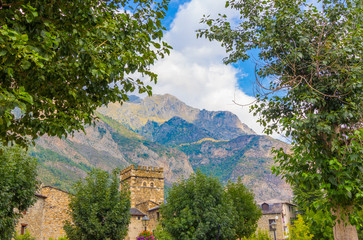Naklejka premium Village of Torla Ordesa, with Monte Perdido behind in Huesca, Spain