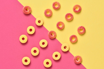 Gummy Candies background, Sweets. Flat lay. Summer Party, Pink Birthday Layout. Vanilla Pastel...