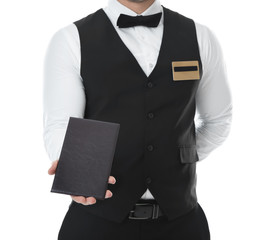 Waiter handing check on white background
