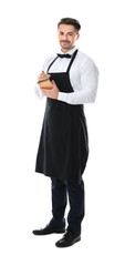 Waiter writing down order on white background