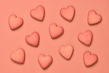 Cookies Hearts. Valentines Day. Love set. Vanilla Pastel Color. Trendy fashion Style. Layout. Homemade Cookies background on Pink, biscuit Dessert. Minimal. Art