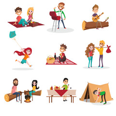 Summer time people activities on picnic, grill or barbecue, man and woman sitting by the fire, boy pitching a tent, girl running with kite. Vector character set.