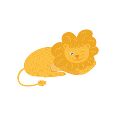 Cute fluffy lion lies and wink by eye. Cartoon wild African animal in flat style. Zoo theme. Flat vector template for children book, print or postcard