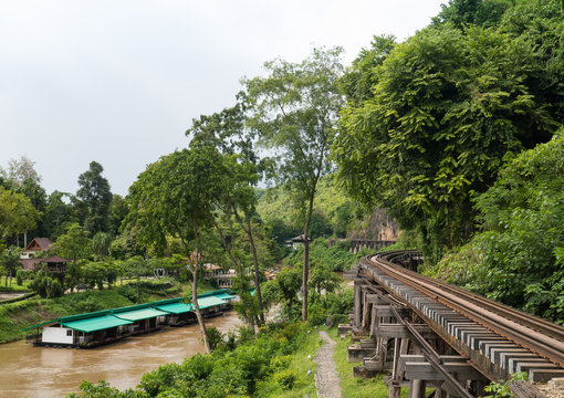 Landscape of Death Railway bridge over the Kwai Noi river at Tham Kasae station in Kanchanaburi - Thailand.