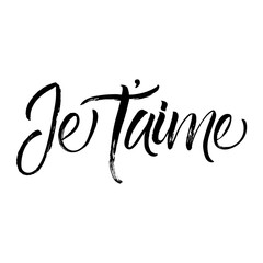 Je t'aime - modern brush calligraphy phrase made with ink. Isolated on white background.