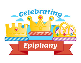 Celebrating Three kings day or Epiphany, illustrated vector logo badge with three crowns and red ribbon 
